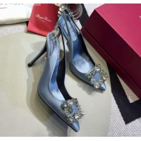 Most Popular Roger Vivier Silk Flower Strass Buckle Sling Back Pump With 10cm Heel Light Blue 052652