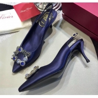 Best Grade Roger Vivier Silk Flower Strass Buckle Sling Back Pump With 7cm Heel Royal Blue 052657