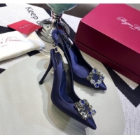 Low Price Roger Vivier Silk Flower Strass Buckle Sling Back Pump With 10cm Heel Royal Blue 052658