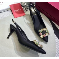 Top Design Roger Vivier Silk Flower Strass Buckle Sling Back Pump With 7cm Heel Black/Multicolor Cystal 052702