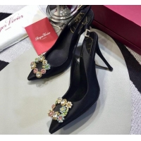 Super Quality Roger Vivier Silk Flower Strass Buckle Sling Back Pump With 10cm Heel Black/Multicolor Cystal 052703