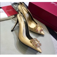 Good Quality Roger Vivier Silk Flower Strass Buckle Sling Back Pump With 10cm Heel Champagne 052706