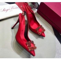 New Design Roger Vivier Silk Flower Strass Buckle Sling Back Pump With 10cm Heel Red 052707