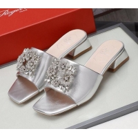 Fashion Discount Roger Vivier Metallic Leather Slide Sandals 3cm Silver 030807