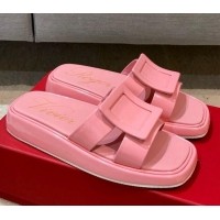 Stylish Roger Vivier Leather Flat Vivier Slide Sandals 032920 Pink