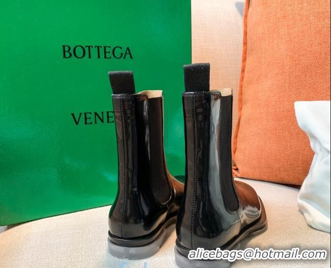 Pretty Style Bottega Veneta Glossy Calfskin Square-sole Flat Short Boots Black