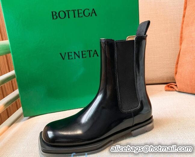 Pretty Style Bottega Veneta Glossy Calfskin Square-sole Flat Short Boots Black