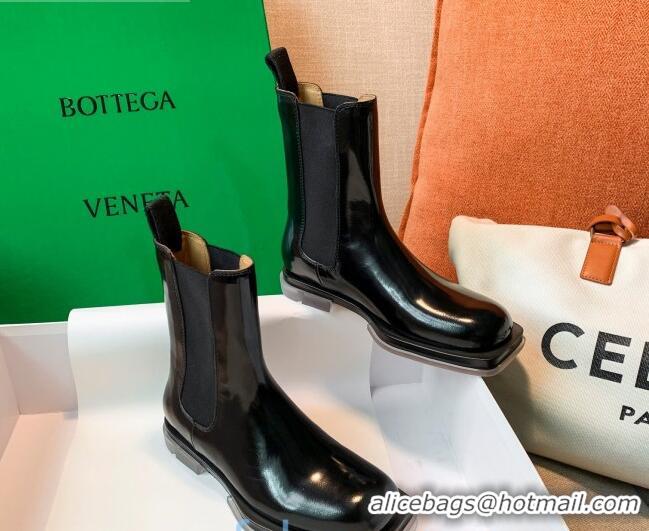 Pretty Style Bottega Veneta Glossy Calfskin Square-sole Flat Short Boots Black