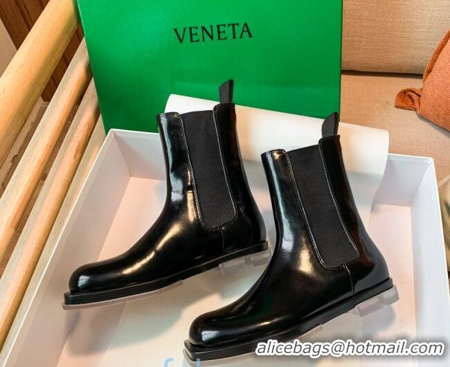 Pretty Style Bottega Veneta Glossy Calfskin Square-sole Flat Short Boots Black