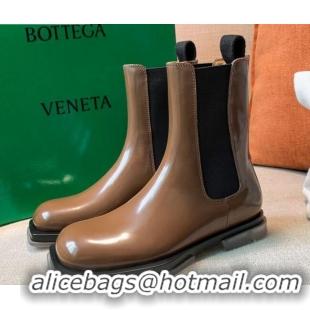 Best Price Bottega Veneta Glossy Calfskin Square-sole Flat Short Boots Apricot 090904