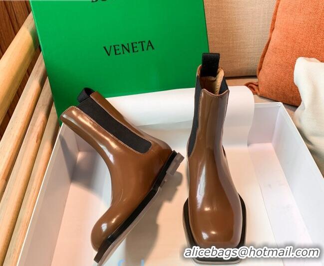 Best Price Bottega Veneta Glossy Calfskin Square-sole Flat Short Boots Apricot 090904