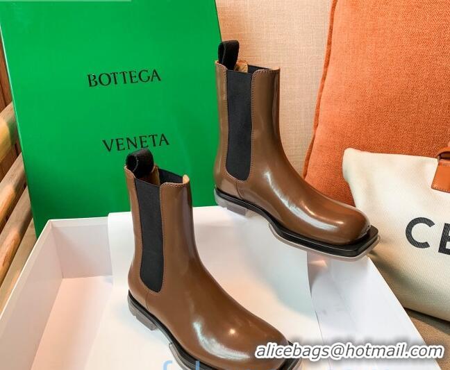 Best Price Bottega Veneta Glossy Calfskin Square-sole Flat Short Boots Apricot 090904