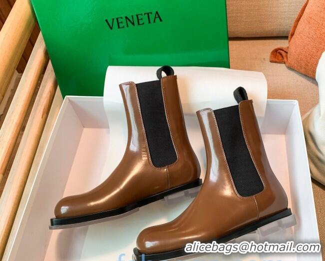 Best Price Bottega Veneta Glossy Calfskin Square-sole Flat Short Boots Apricot 090904