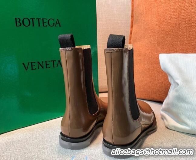 Best Price Bottega Veneta Glossy Calfskin Square-sole Flat Short Boots Apricot 090904