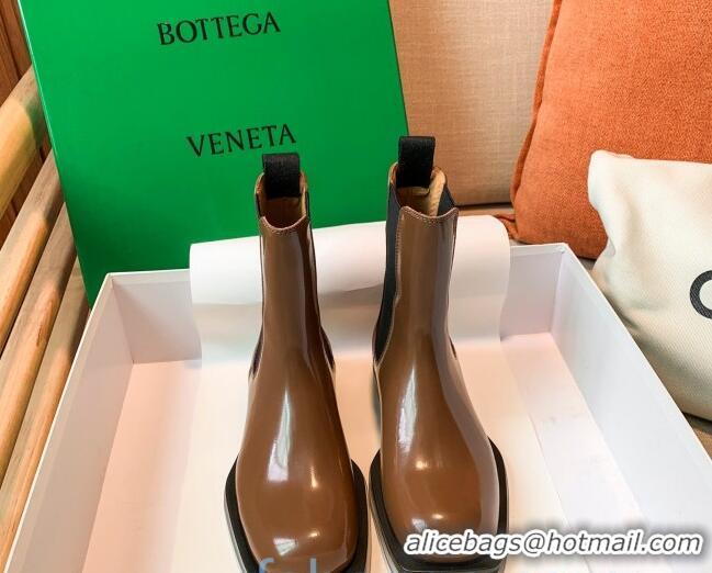 Best Price Bottega Veneta Glossy Calfskin Square-sole Flat Short Boots Apricot 090904