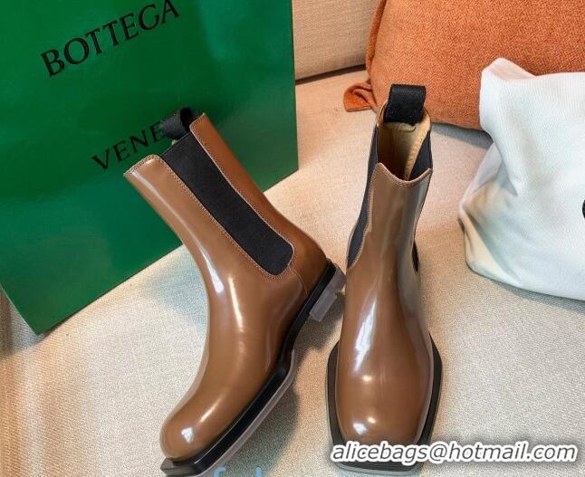 Best Price Bottega Veneta Glossy Calfskin Square-sole Flat Short Boots Apricot 090904