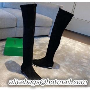 Most Popular Bottega Veneta Suede Over Knee High Boots with White Stripe 102208 Black