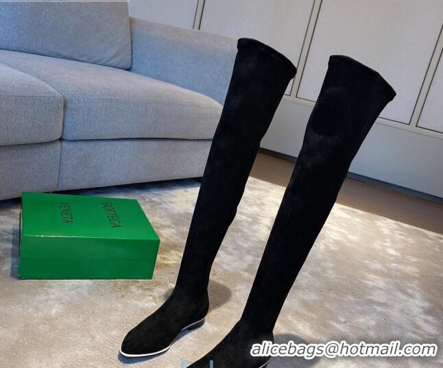 Most Popular Bottega Veneta Suede Over Knee High Boots with White Stripe 102208 Black