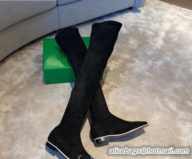 Most Popular Bottega Veneta Suede Over Knee High Boots with White Stripe 102208 Black