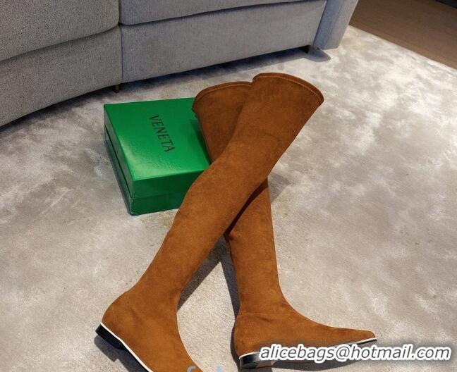 Low Cost Bottega Veneta Suede Over Knee High Boots with White Stripe 102208 Tan Brown