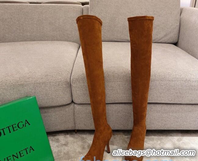 Discount Design Bottega Veneta BV Bold Suede Over Knee Platform High Heel Boots 102215 Tan Brown