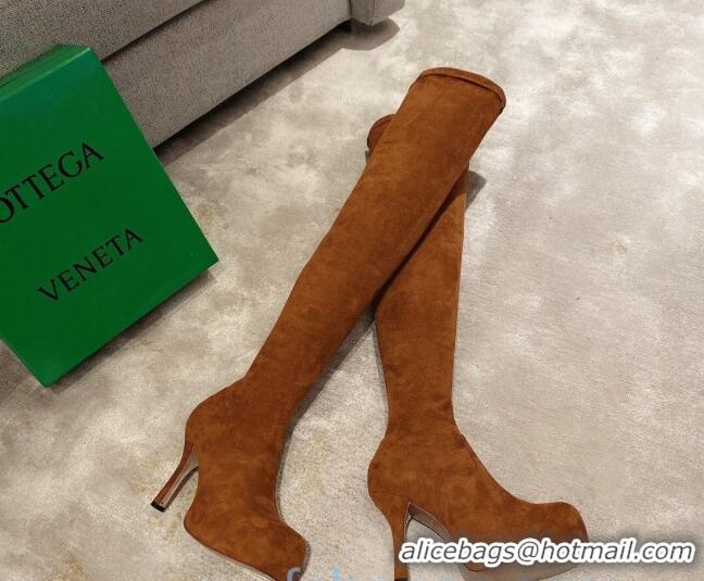 Discount Design Bottega Veneta BV Bold Suede Over Knee Platform High Heel Boots 102215 Tan Brown