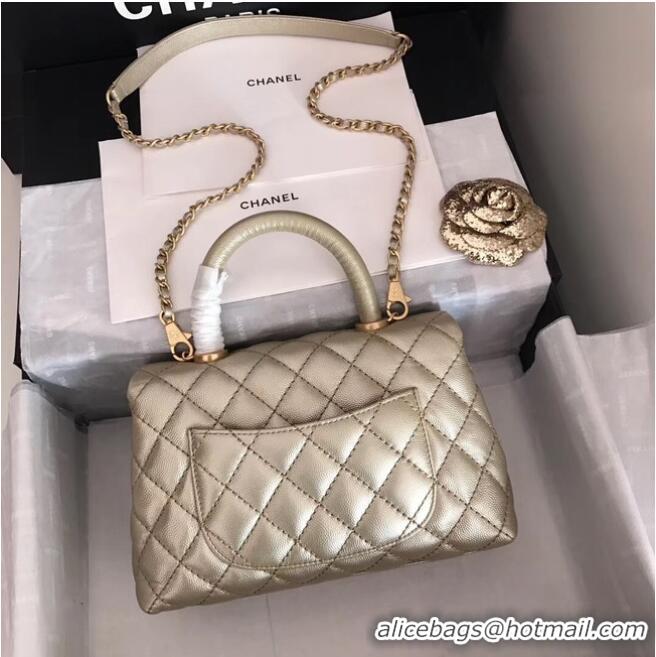 Top Quality Chanel original Caviar leather flap bag top handle A92290 Light gold&Gold-Tone Metal