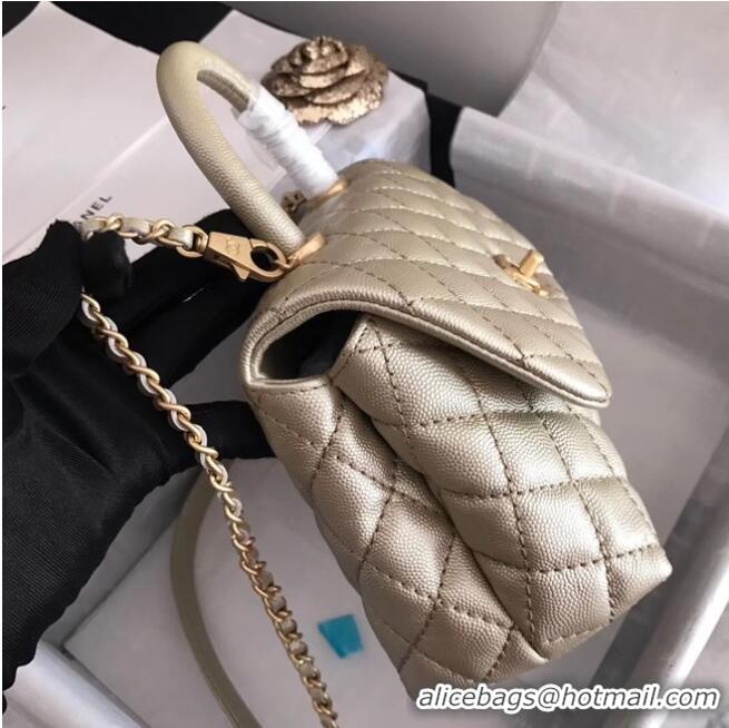 Top Quality Chanel original Caviar leather flap bag top handle A92290 Light gold&Gold-Tone Metal