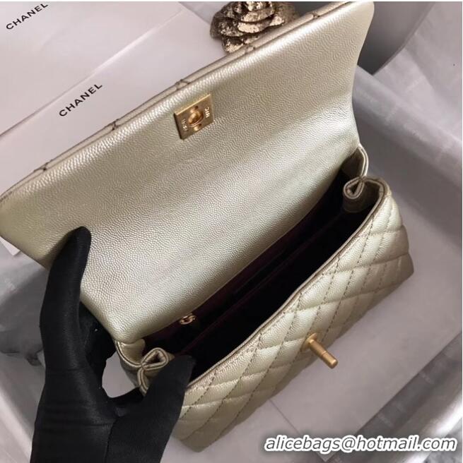 Top Quality Chanel original Caviar leather flap bag top handle A92290 Light gold&Gold-Tone Metal