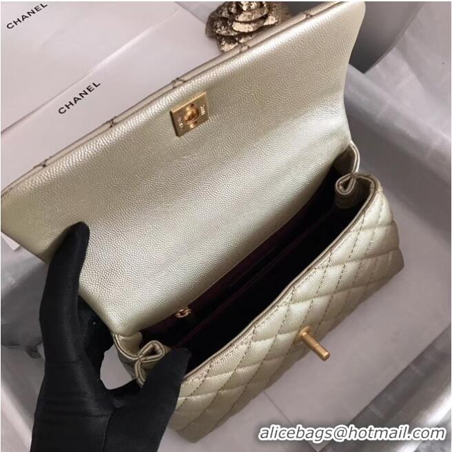 Top Quality Chanel original Caviar leather flap bag top handle A92290 Light gold&Gold-Tone Metal