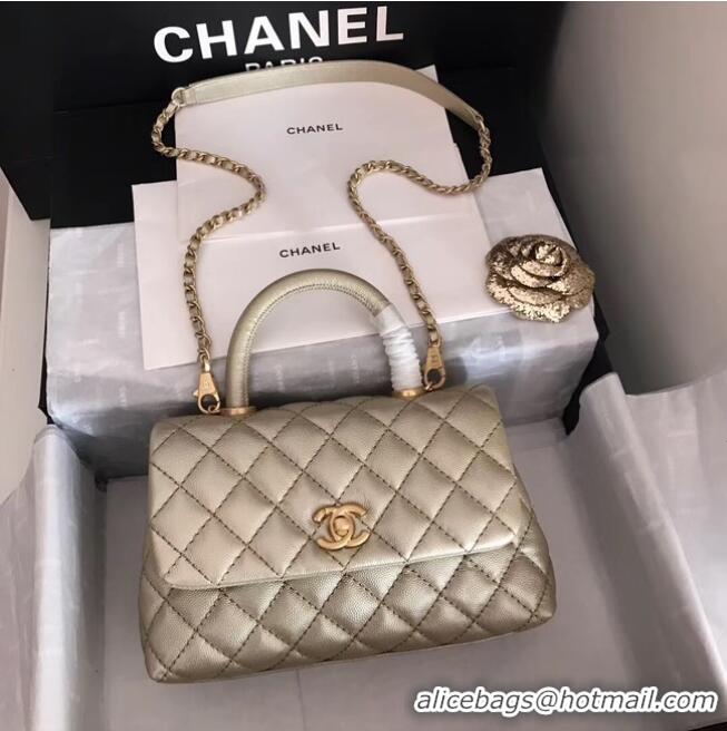 Top Quality Chanel original Caviar leather flap bag top handle A92290 Light gold&Gold-Tone Metal