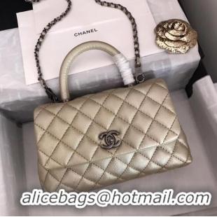 Good Product Chanel original Caviar leather flap bag top handle A92290 Light gold&silver-Tone Metal