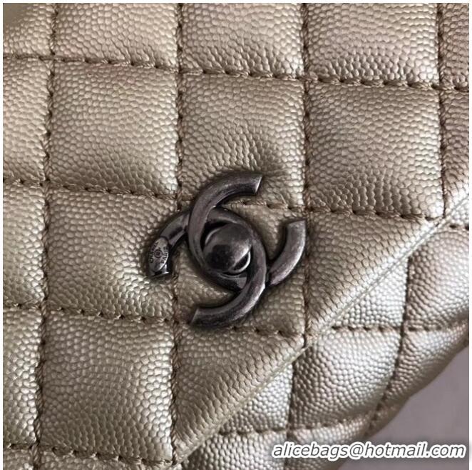 Good Product Chanel original Caviar leather flap bag top handle A92290 Light gold&silver-Tone Metal