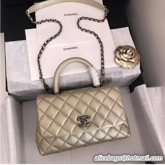 Good Product Chanel original Caviar leather flap bag top handle A92290 Light gold&silver-Tone Metal