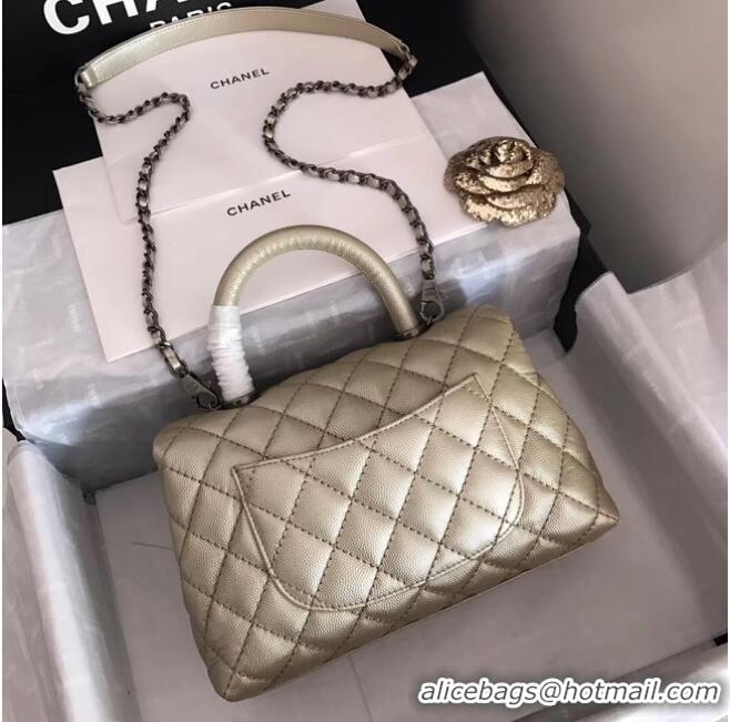 Good Product Chanel original Caviar leather flap bag top handle A92290 Light gold&silver-Tone Metal