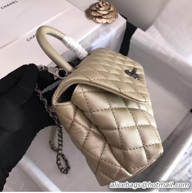 Good Product Chanel original Caviar leather flap bag top handle A92290 Light gold&silver-Tone Metal