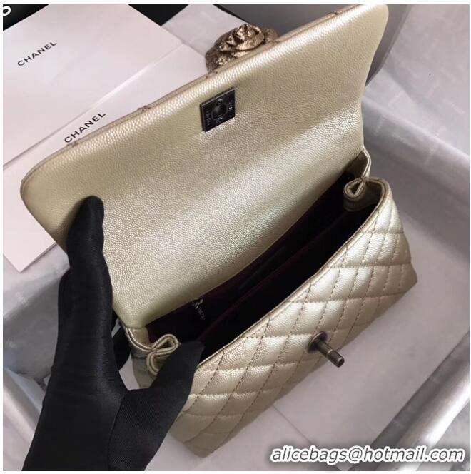 Good Product Chanel original Caviar leather flap bag top handle A92290 Light gold&silver-Tone Metal