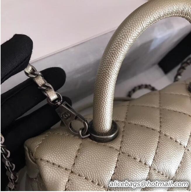 Good Product Chanel original Caviar leather flap bag top handle A92290 Light gold&silver-Tone Metal