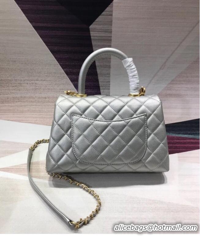 Market Sells Chanel original Caviar leather flap bag top handle A92290 silvery &gold-Tone Metal