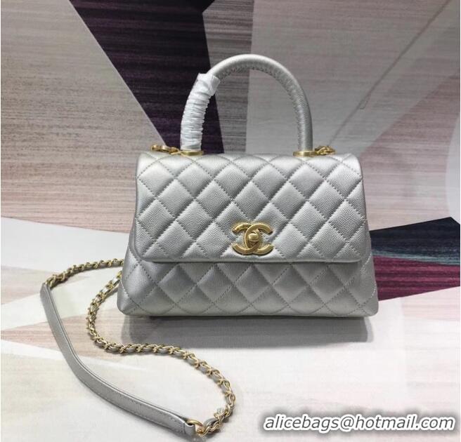 Market Sells Chanel original Caviar leather flap bag top handle A92290 silvery &gold-Tone Metal