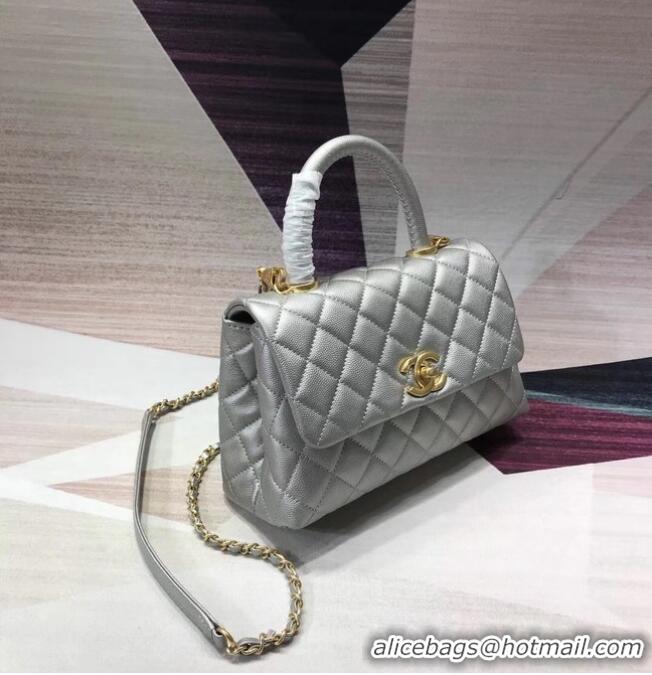 Market Sells Chanel original Caviar leather flap bag top handle A92290 silvery &gold-Tone Metal