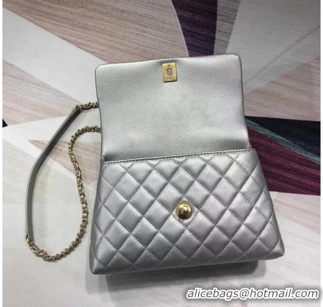 Market Sells Chanel original Caviar leather flap bag top handle A92290 silvery &gold-Tone Metal