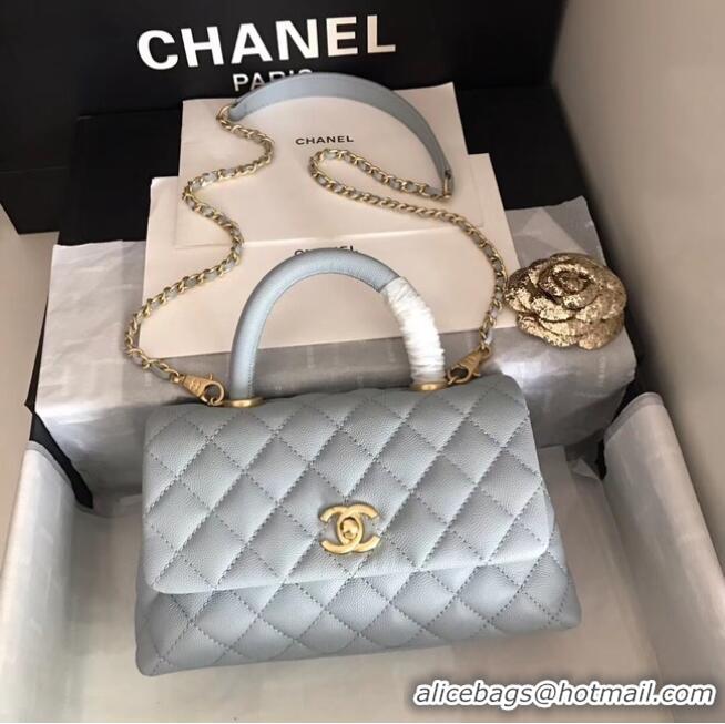 Well Crafted Chanel original Caviar leather flap bag top handle A92290 light blue&Gold-Tone Metal