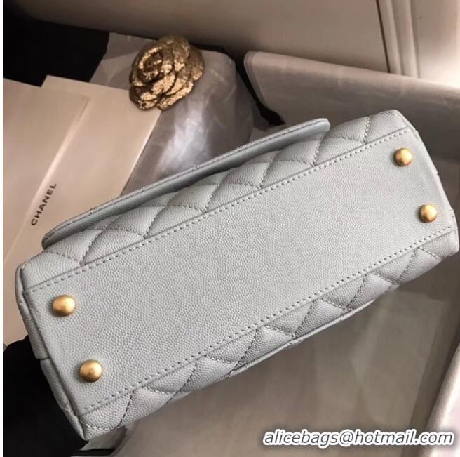 Well Crafted Chanel original Caviar leather flap bag top handle A92290 light blue&Gold-Tone Metal