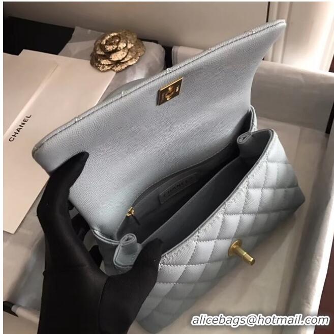 Well Crafted Chanel original Caviar leather flap bag top handle A92290 light blue&Gold-Tone Metal