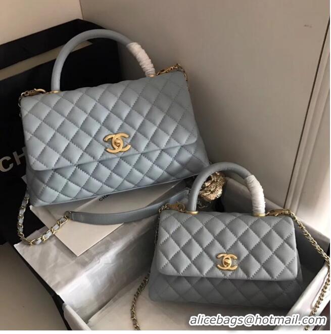 Well Crafted Chanel original Caviar leather flap bag top handle A92290 light blue&Gold-Tone Metal