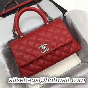 Most Popular Chanel Classic Top Handle Bag Red Cannage Pattern A92290 Silver