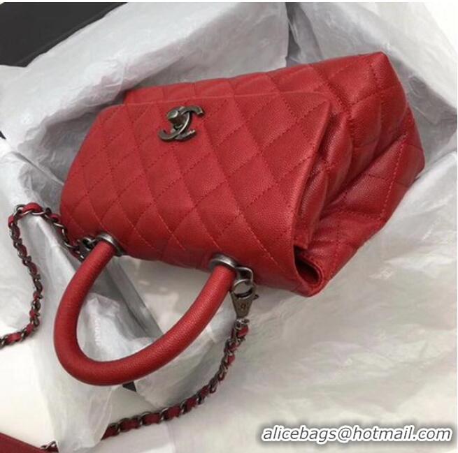 Most Popular Chanel Classic Top Handle Bag Red Cannage Pattern A92290 Silver