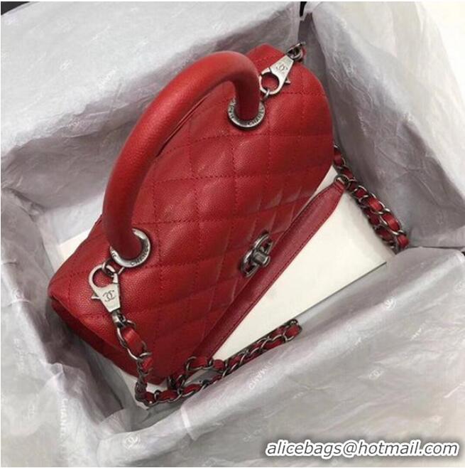 Most Popular Chanel Classic Top Handle Bag Red Cannage Pattern A92290 Silver