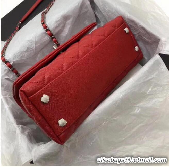 Most Popular Chanel Classic Top Handle Bag Red Cannage Pattern A92290 Silver